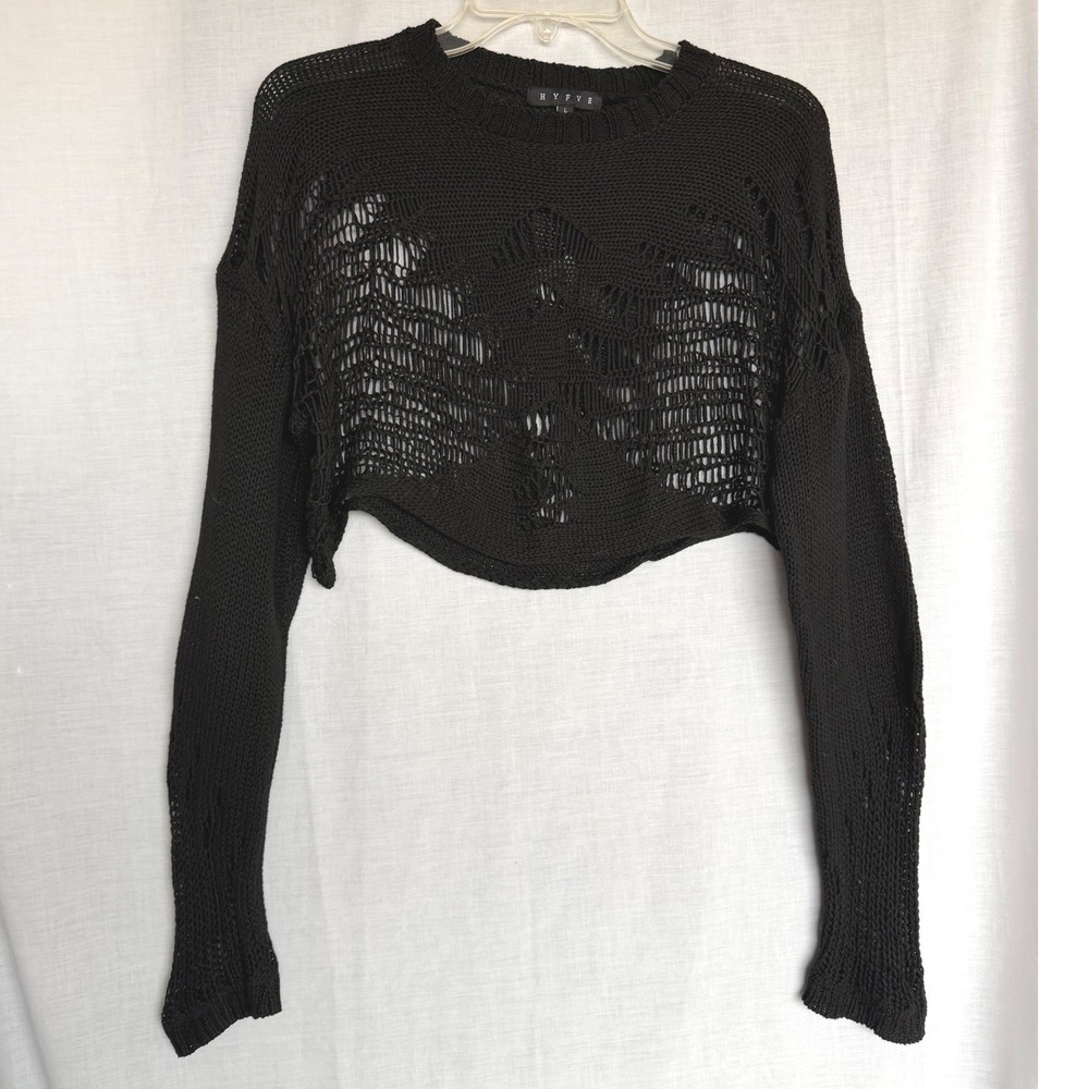 Hyfve Goth Destroyed Grunge Cropped Open Knit Sweater Black Long Sleeve Large